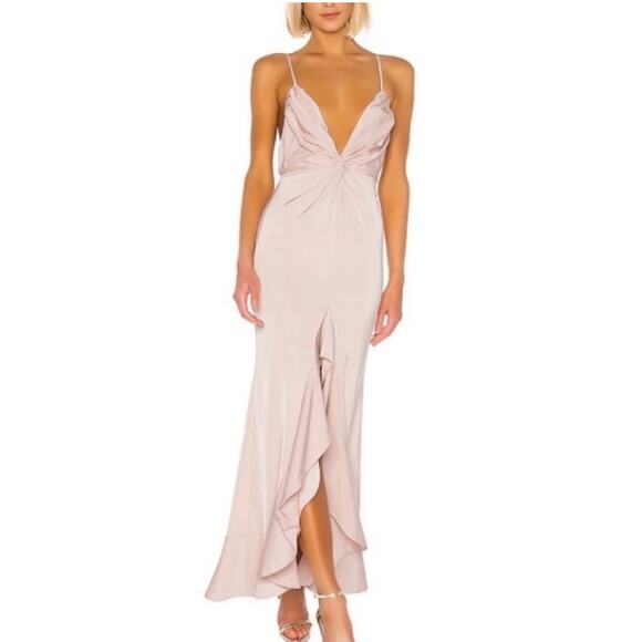 Lovers & Friends Satin Pink Blush Ruffle Twist Maxi Dress Gown Size Large - Picture 1 of 8